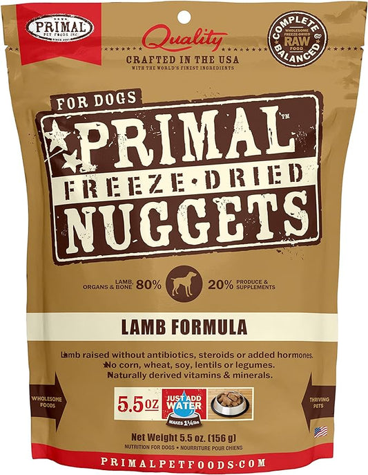 Primal Freeze Dried Dog Food Nuggets, Lamb; Complete & Balanced Meal; Also Use as Topper or Treat; Premium, Healthy, Grain Free, High Protein Raw Dog Food, 5.5 oz
