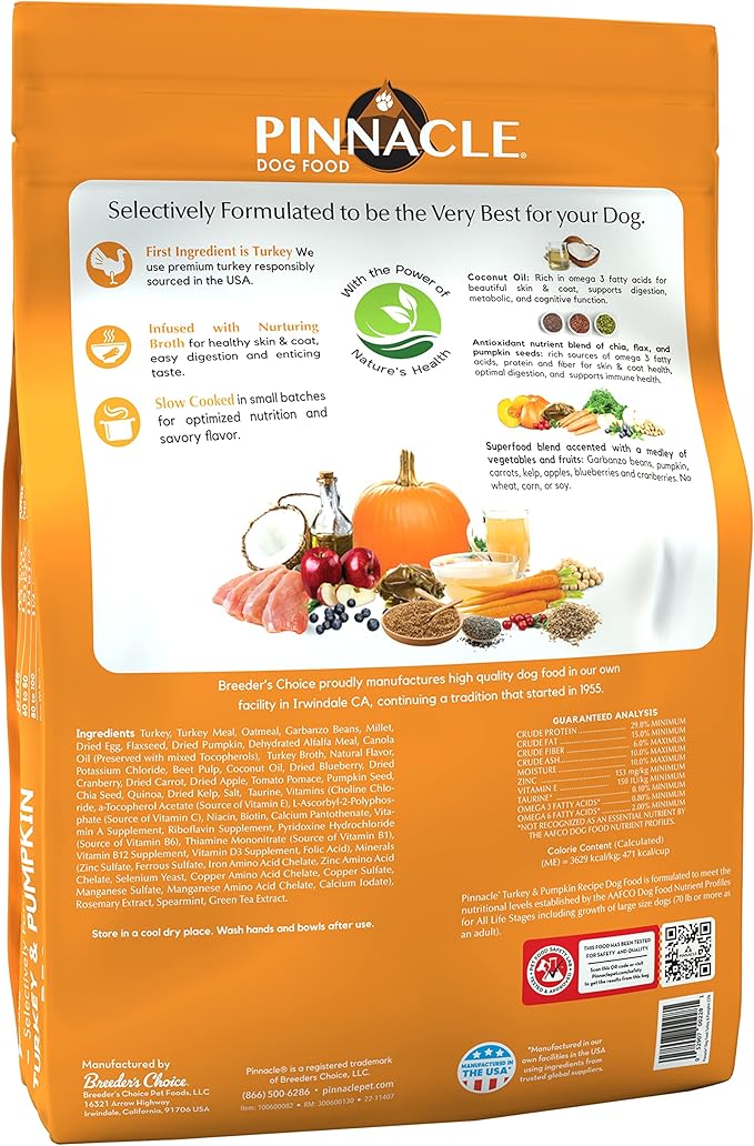 pinnacle pet Turkey & Pumpkin Dry Dog Food 22 lb, Infused with Broth