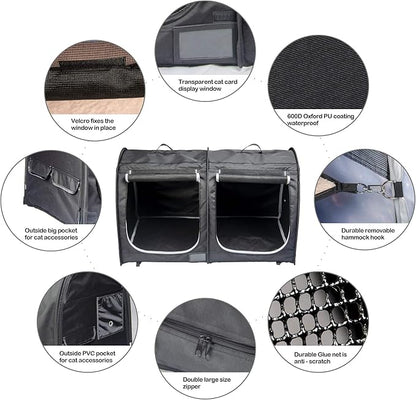 Mispace Portable Twin Compartment Show House Cat Cage/Condo - Easy to Fold & Carry Kennel - Comfy Puppy Home & Dog Travel Crate with Portable Carry Bag/Two Hammocks/Mats and Collapsible Litter Box