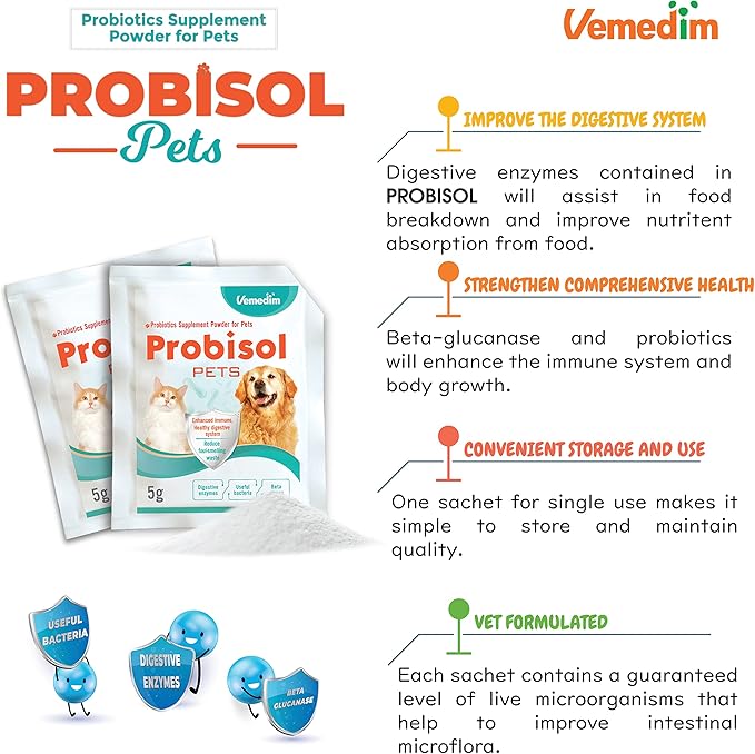 Probisol Pets, Probiotic Powder for Dogs and Cats, Helps Support A Healthy Immune, Digestive System, Decrease Foul-Smelling Waste, Better Digestion/Milk Flavored/ 5.3oz (150g)-30 Packets