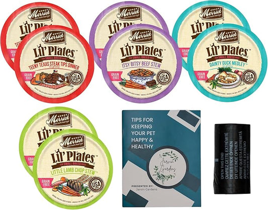 Merrick Lil' Plates Grain Free Wet Dog Food for Small Breeds - 4 Flavor 8 Tray Variety (2) Each: Steak Tips, Beef Stew, Duck Medley & Lamb Chops. Plus Healthy Pets Tip Booklet & Roll of Dog Waste Bags