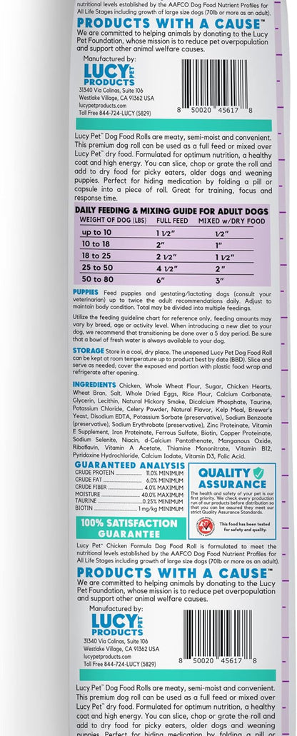 Lucy Pet Products Chicken Formula Dog Food Roll 4 lb, Meaty, Semi-Moist Dog Food (100600075)