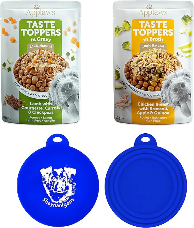 Applaws Taste Toppers Wet Dog Food Bundle: (3) Chicken Breast With Broccoli, Apple, Quinoa in Broth & (3) Lamb With Zucchini, Carrot & Chickpeas in Gravy (6 Pouches Total, 3 Oz Each) Plus Silicone Lid