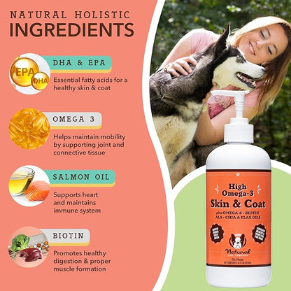 Natural Dog Company Skin & Coat Oil (16 oz.), Supports Skin Health, Fish Oil Supplements for Dogs, Soft Coat, Salmon Oil & Flaxseed Oil, Fatty Acids, Bottle of Dog Fish Oil with pump, Antioxidant