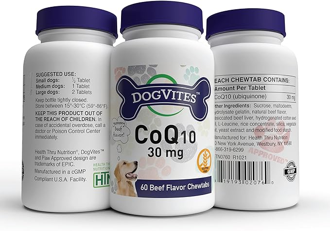 Health Thru Nutrition Dog-Vites CoQ10 for Dogs, 60 Beef-Flavored Chewable Tablets, 30mg