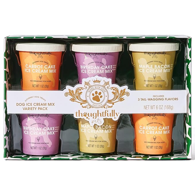Thoughtfully Pets, Mini Dog Ice Cream Gift Set, Includes 3 Flavors of Dog-Friendly Ice Cream Powder Mix in Paper Cups, Just Add Water and Freeze, Set of 6