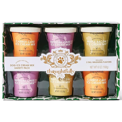 Thoughtfully Pets, Mini Dog Ice Cream Gift Set, Includes 3 Flavors of Dog-Friendly Ice Cream Powder Mix in Paper Cups, Just Add Water and Freeze, Set of 6