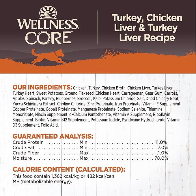 Wellness Natural Pet Food CORE Natural Wet Grain Free Canned Dog Food, Turkey & Chicken, 12.5-Ounce Can (Pack of 12)