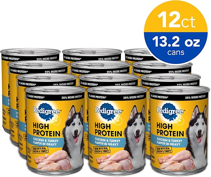 PEDIGREE High Protein Adult Canned Wet Dog Food, Chicken & Turkey Flavor in Gravy, (12) 13.2 oz. Cans