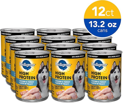 PEDIGREE High Protein Adult Canned Wet Dog Food, Chicken & Turkey Flavor in Gravy, (12) 13.2 oz. Cans