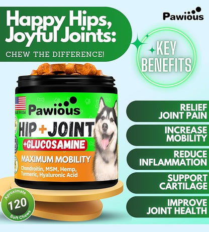 Hip and Joint Chews for Dogs - Glucosamine for Dogs - Dog Joint Pain Relief - Chondroitin, MSM, Turmeric, Hemp Oil Treats - Advanced Support Dog Joint Supplement Health - Mobility Bites