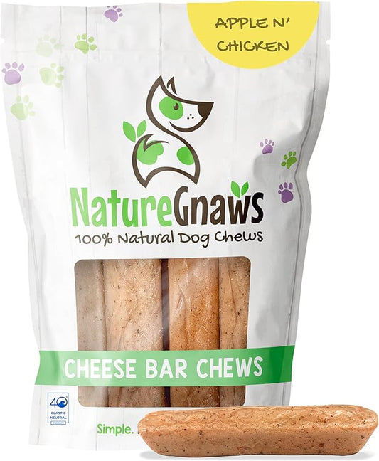 Nature Gnaws Cheese Bar Chews for Dogs – Natural Lasting Hard Chew Treats - Rawhide Free Dog Bones - Yak Alternative 4 Count