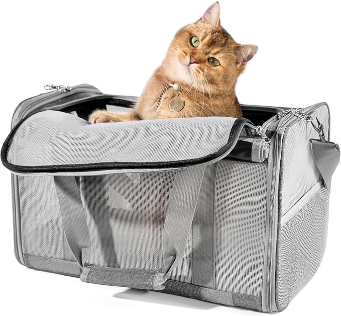 Sedioso Pet Carrier for Large and Medium Cats, 17.7X 10.6X 10.6in Carrier for 2 Kitties, All-Sided Mesh Cat Carrier with Great Ventilation, Portable Soft Sided Carrier Up to 25lbs for Traveling(Grey)