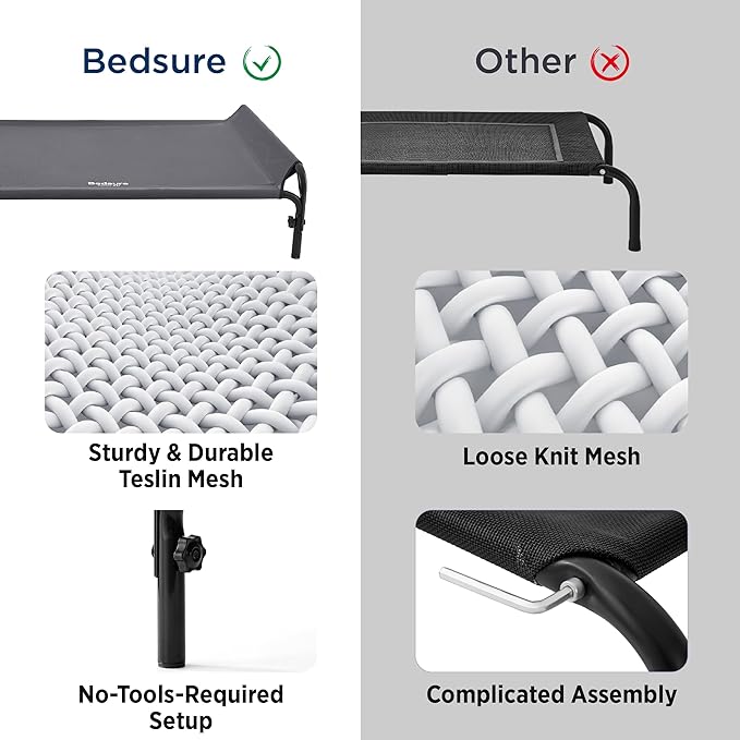 Bedsure Elevated Raised Outdoor Dog Bed - Cooling Dog Cot Bed with Bolster for Large Dog, Lifted Pet Bed with Durable Breathable Teslin Mesh, Dog Hammock Bed with Non-Slip Feet, Black, 42 inches
