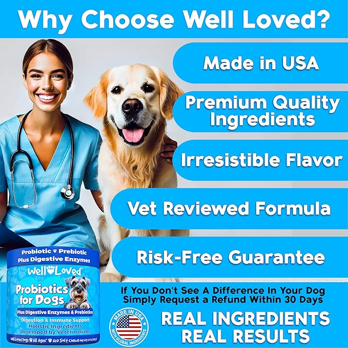 Probiotics for Dogs, Dog Probiotics and Digestive Enzymes, Made in USA, Vet Developed, Dog Probiotic Chews with Prebiotics, Diarrhea Treatment, for Itchy Skin, Gut Health & Gas Relief