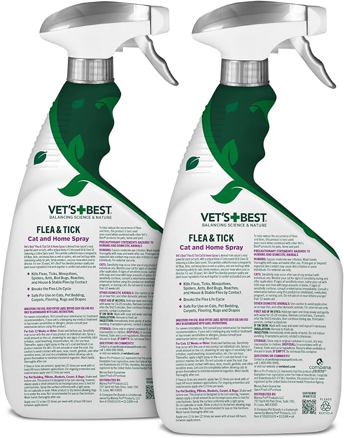 Vet’s Best Flea & Tick Home Spray for Cats – Cotton Spice Scent Cat Flea & Tick Aid – Made in The USA – Flea & Tick Gentle Mist for Cats – 32oz, Pack of 2