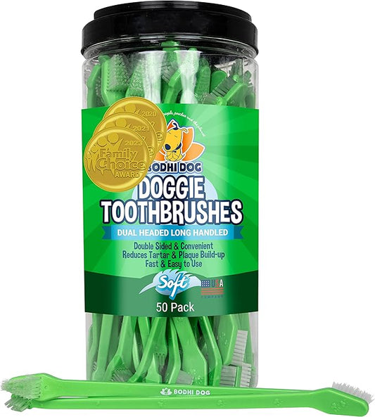 Bodhi Dog Dual-Headed Long Dog & Cat Toothbrush | Puppy Toothbrush with Soft Bristles for Pet Dental Care | Easy Teeth Cleaning Dog Toothbrush, 50 Count