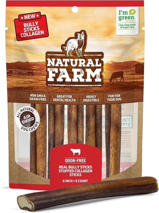 Natural Farm Bully Sticks Stuffed Collagen Sticks for Dogs (6 Inch, 5-Pack), Rawhide-Free Collagen Sticks, Natural Dog Chews, Long Lasting, for Small, Medium and Large Dogs, Great Rawhide Alternative