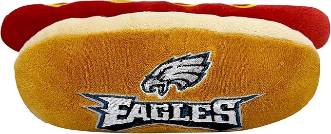 Pets First NFL Philadelphia Eagles HOT Dog Plush Dog & CAT Squeak Toy - Cutest HOT-Dog Snack Plush Toy for Dogs & Cats with Inner Squeaker & Beautiful Football Team Name/Logo 8 x 5 x 3 Inches
