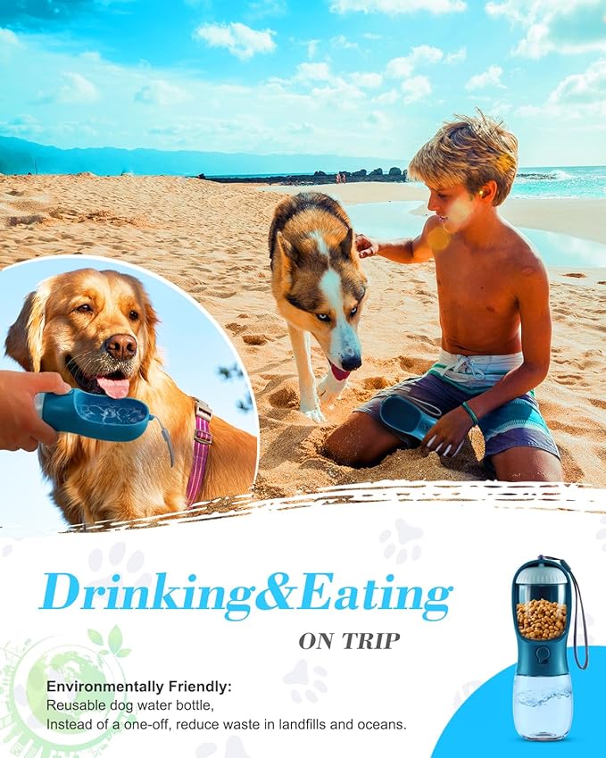 Dog Water Bottle 2 in 1, Leak Proof Portable Pet Water Bottle with Food Container, Outdoor Portable Water Dispenser for Cat, Puppy Supply for Walking, Hiking, Camping, Travel(10oz Ink Blue)