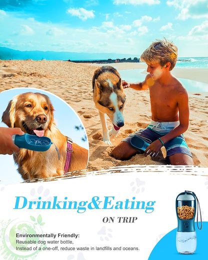Dog Water Bottle 2 in 1, Leak Proof Portable Pet Water Bottle with Food Container, Outdoor Portable Water Dispenser for Cat, Puppy Supply for Walking, Hiking, Camping, Travel(10oz Ink Blue)