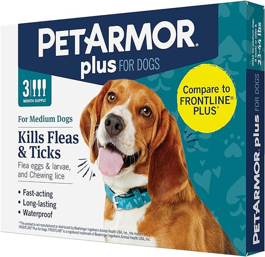 PetArmor Plus Flea and Tick Prevention for Dogs, Dog Flea and Tick Treatment, 3 Doses, Waterproof Topical, Fast Acting, Medium Dogs (23-44 lbs)