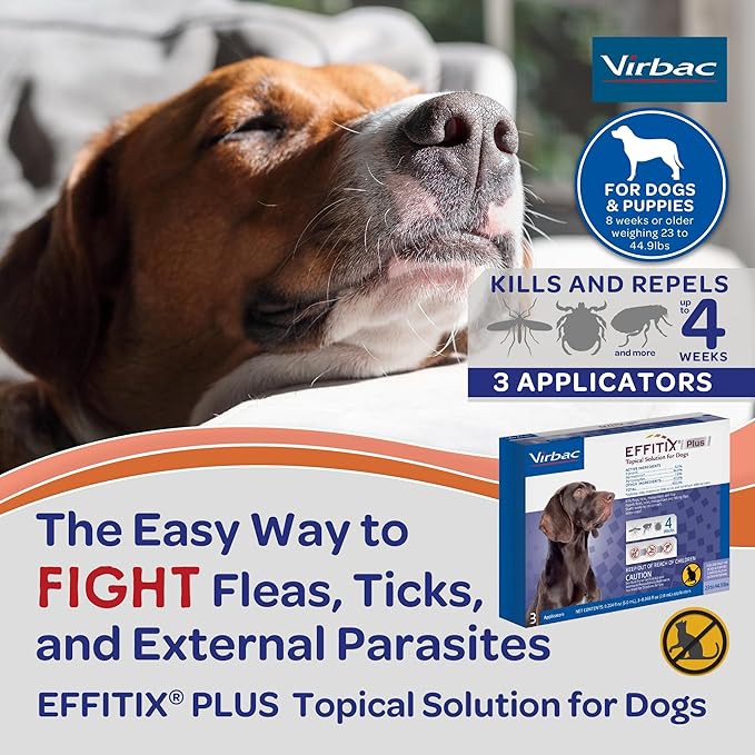 Effitix Plus Topical Solution for Dogs - Flea and Tick for Medium Dogs (23-44.9lbs), 3 Doses, Waterproof Topical Prevention (by Virbac)