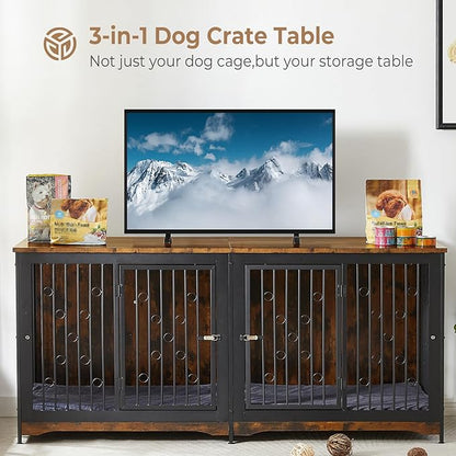 70.86'' Dog Crate Furniture Large Breed TV Stand with Cushion & Double Rooms,Wooden Dog Kennel Dog Crate End Table with Removable Divider for Large Medium Dogs, Brown