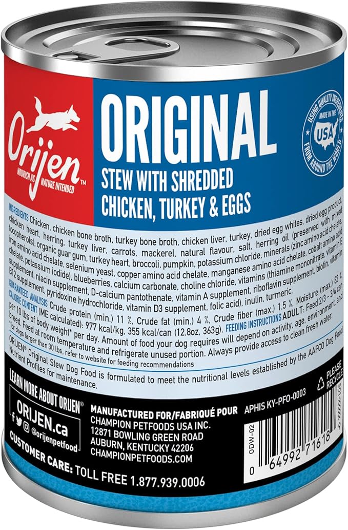 ORIJEN Original Stew Recipe with Chicken, Turkey & Eggs Wet Dog Food, WholePrey Ingredients, 12.8oz (Case of 12)