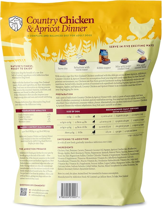 Addiction Country Chicken & Apricot Raw Alternative Dog Food - Gently Air-Dried Complete Meal or Dog Food Topper for Digestive and Skin and Coat Health, 2 lb