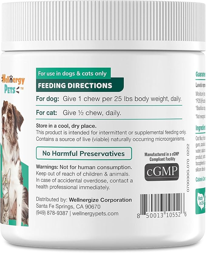 Wellnergy Daily Probiotic & Prebiotics Soft Chew for Dogs & Cats - Digestive Support for Diarrhea, Constipation, Upset Stomach, Indigestion & Gas - Helps Digestion, Allergy Skin & Immune Health 70ct