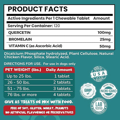 Quercetin for Dogs with Bromelain and Vitamin C | 3-in-1 Supplement for Dog Allergies, Immune Support, Itch Relief, Promote Inflammatory Relief & Antioxidant Activity | 120 Chewable Tablets
