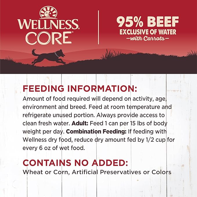 Wellness CORE 95% Natural Wet Grain Free Canned Dog Food, Beef & Carrots,12.5-Ounce Can (Pack of 12)