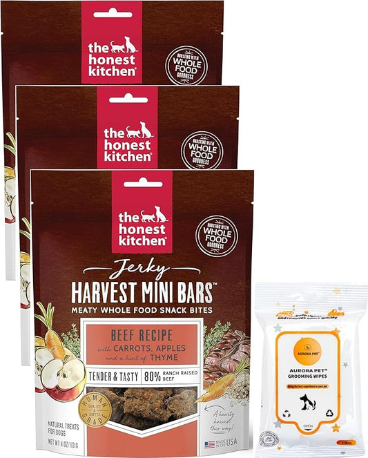Bundle (3) Honest Kitchen Jerky Harvest Mini Bars Beef Recipe with Carrots & Apples Dog Treats (4-oz Each) with AuroraPet Wipes