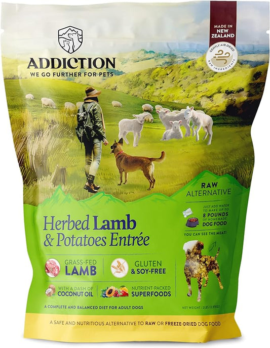 Addiction Herbed Lamb & Potatoes Raw Alternative Dog Food - Gently Air-Dried Complete Meal or Dog Food Topper for Digestive and Skin and Coat Health, 2 lb