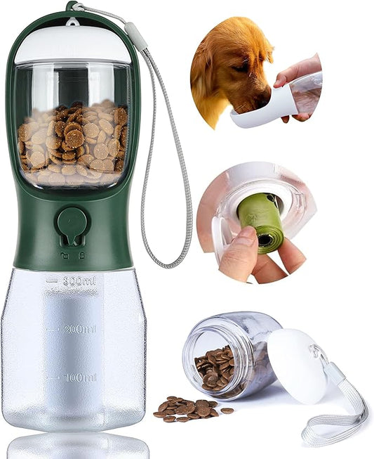 Dog Water Bottle with Food Container, Portable Pet Dog Water Dispenser for Outdoor Walking,Hiking,Travel,Puppy Essentials,Puppy Supplies,Replaceable Waste Bags