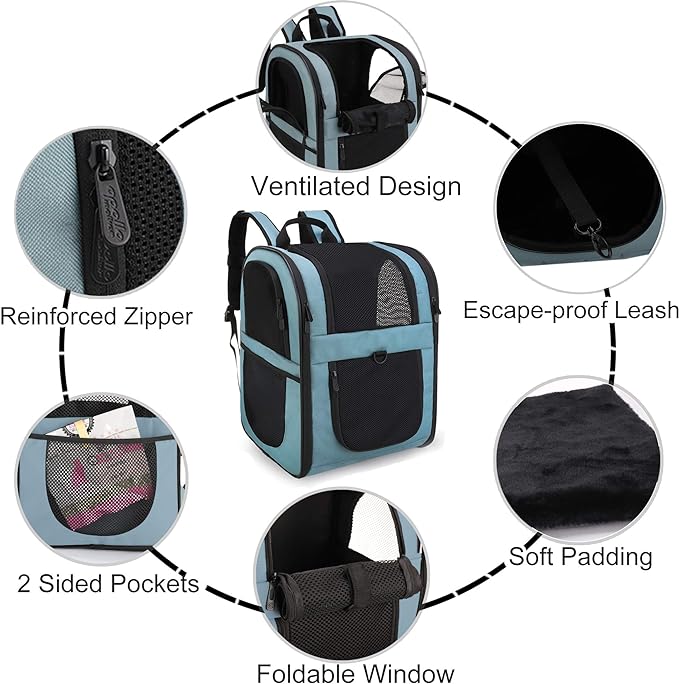 APOLLO WALKER Pet Carrier Backpack for Small Cats and Dogs, Puppies, Two-Sided Entry, Safety Features and Cushion Back Support for Travel, Hiking, Outdoor Use (Blue)