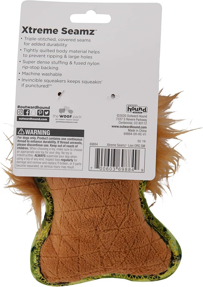 Outward Hound Xtreme Seamz Lion Squeaky Dog Toy - Reinforced Dense Stuffing Plush Toy
