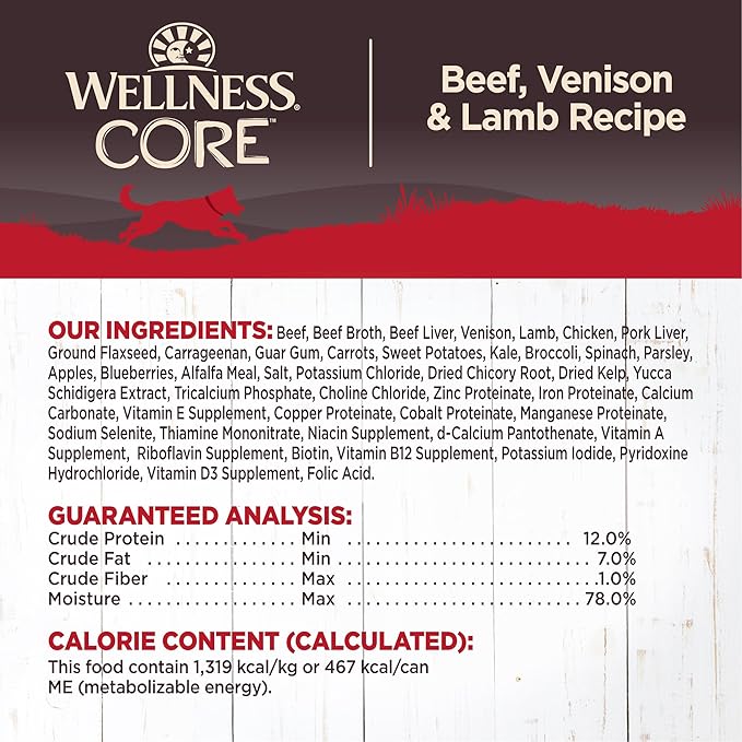 Wellness Natural Pet Food CORE Natural Wet Grain Free Canned Dog Food, Beef, Venison & Lamb, 12.5-Ounce Can (Pack of 12)