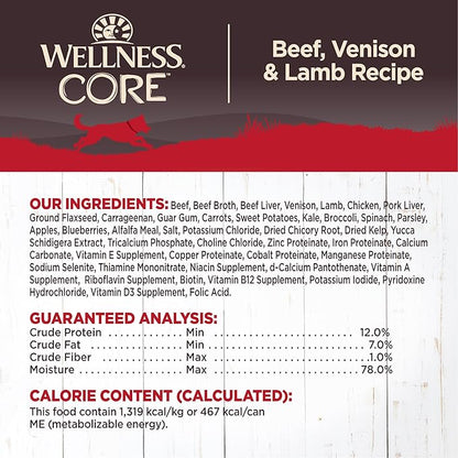 Wellness Natural Pet Food CORE Natural Wet Grain Free Canned Dog Food, Beef, Venison & Lamb, 12.5-Ounce Can (Pack of 12)