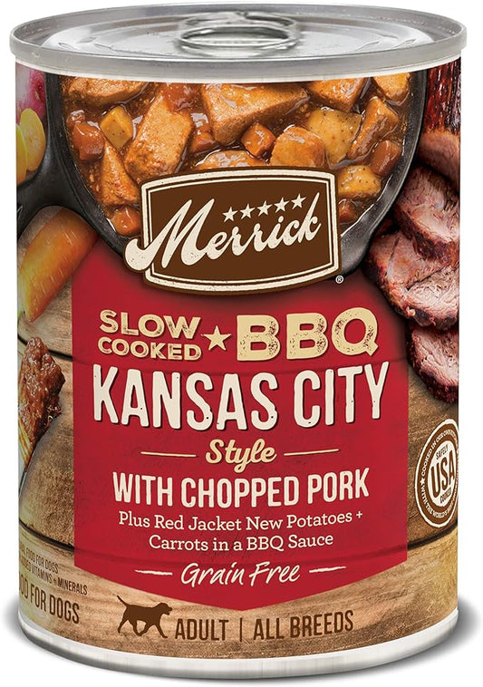 Merrick Slow-Cooked BBQ Premium And Healthy Real Meat Grain Free Canned Dog Food, Kansas City Style With Pork - (Pack of 12) 12.7 oz. Cans