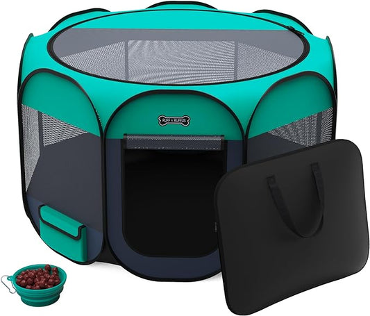 Ruff 'N Ruffus Portable Foldable Pet Playpen + Carrying Case & Collapsible Travel Bowl | Indoor/Outdoor use | Water Resistant | Removable Shade Cover (Extra Large)