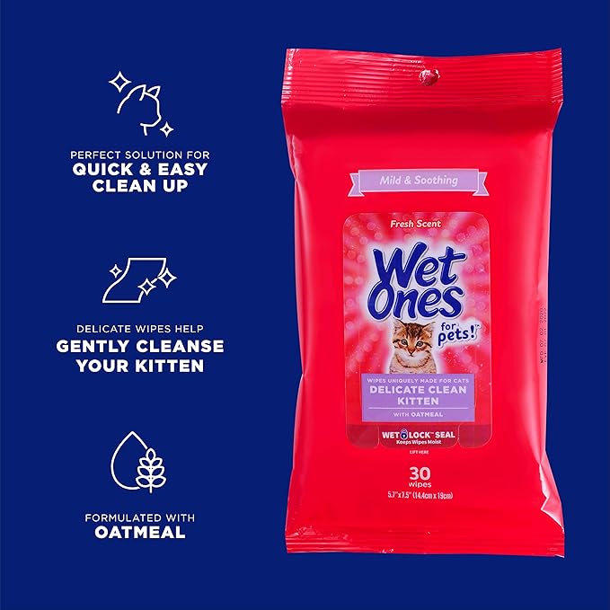 Wet Ones for Pets Delicate Clean Kitten Wipes for Cats with Oatmeal, 30 ct - 8 Pack|Cat Cleaning Wipes, Mild & Soothing Cat Grooming Wipes with Wet Lock Seal for Pet Grooming in Fresh Scent
