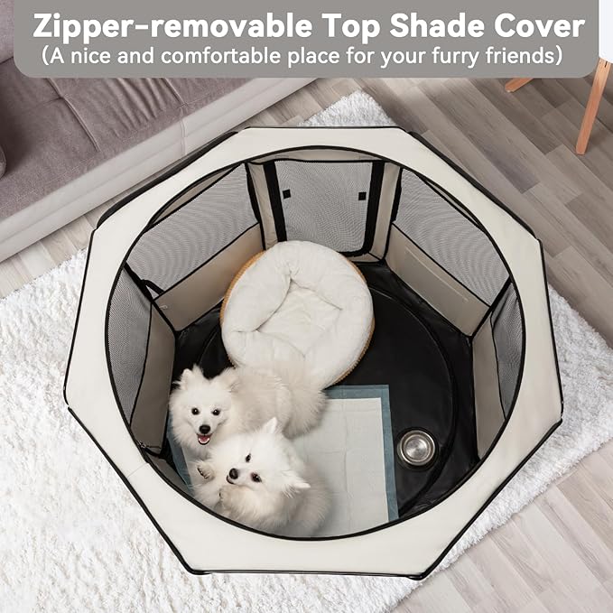 PETSFIT Dog Playpen, 45.5" Sturdy Pop Up Dog Kennel Foldable Dog Pen Indoor Outdoor Puppy Playpen for Medium Dogs Cats with Traveling Bag Zipper Sealed Removable Mesh Top Leakproof Bottom Mat Beige L