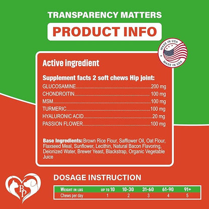 Dog Hip and Joint Supplement & Arthritis Pain Relief Treats - Glucosamine Chondroitin MSM Soft Chews for Senior Dogs - Natural Medicine & Support Mobility - Turmeric Vitamins for Dysplasia - USA