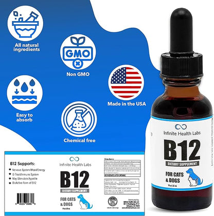 Liquid Vitamin B-12 for Dogs and Cats - Vet Formulated - Effective for All Animals Methylcobalamin (Methyl B12) - Energy, Appetite and Mood - Made in USA