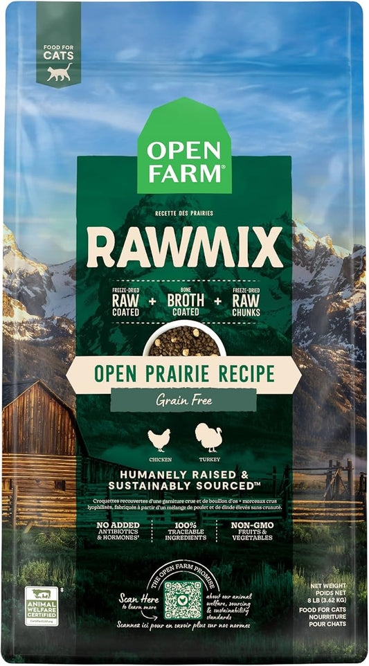 Open Farm RawMix Prairie Recipe for Cats, includes Kibble, Bone Broth, and Freeze Dried Raw, Inspired by The Wild, Humanely Raised Protein and Non-GMO Fruits and Veggies, 8 lb