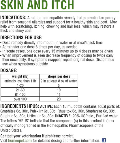 HomeoPet Skin and Itch, Safe and Natural Itch Relief for Dogs and Cats, Coat and Skin Soother for Pets, 15 Milliliters