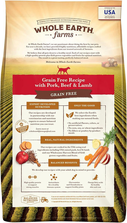 Whole Earth Farms Natural Grain Free Dry Kibble, Wholesome And Healthy Dog Food, Pork, Beef, And Lamb Recipe - 25 LB Bag