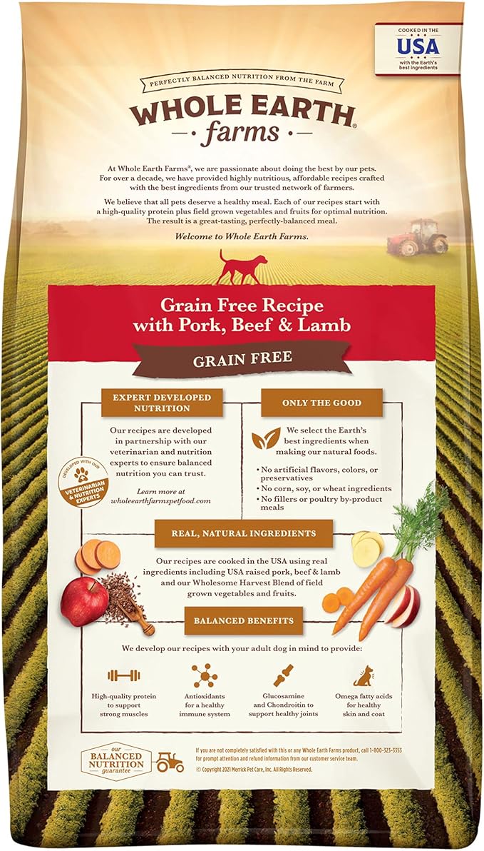 Whole Earth Farms Natural Grain Free Dry Kibble, Wholesome And Healthy Dog Food, Pork, Beef, And Lamb Recipe - 25 LB Bag